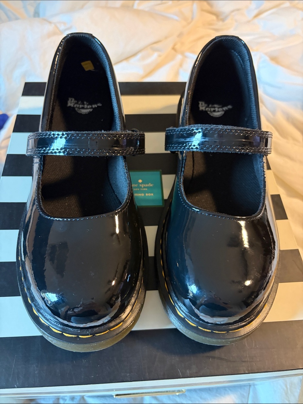 Dr. Martens Girls Black Patent Mary Jane Shoes with Yellow Stitching us 5